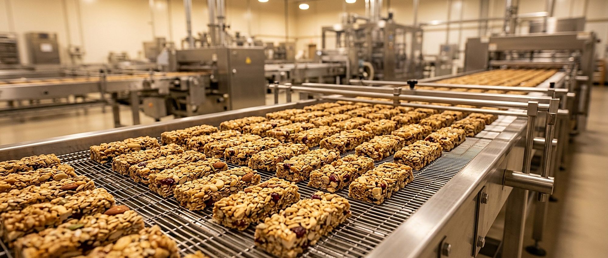Granola bars with nuts, seeds and dried fruit on a conveyor in a food plant