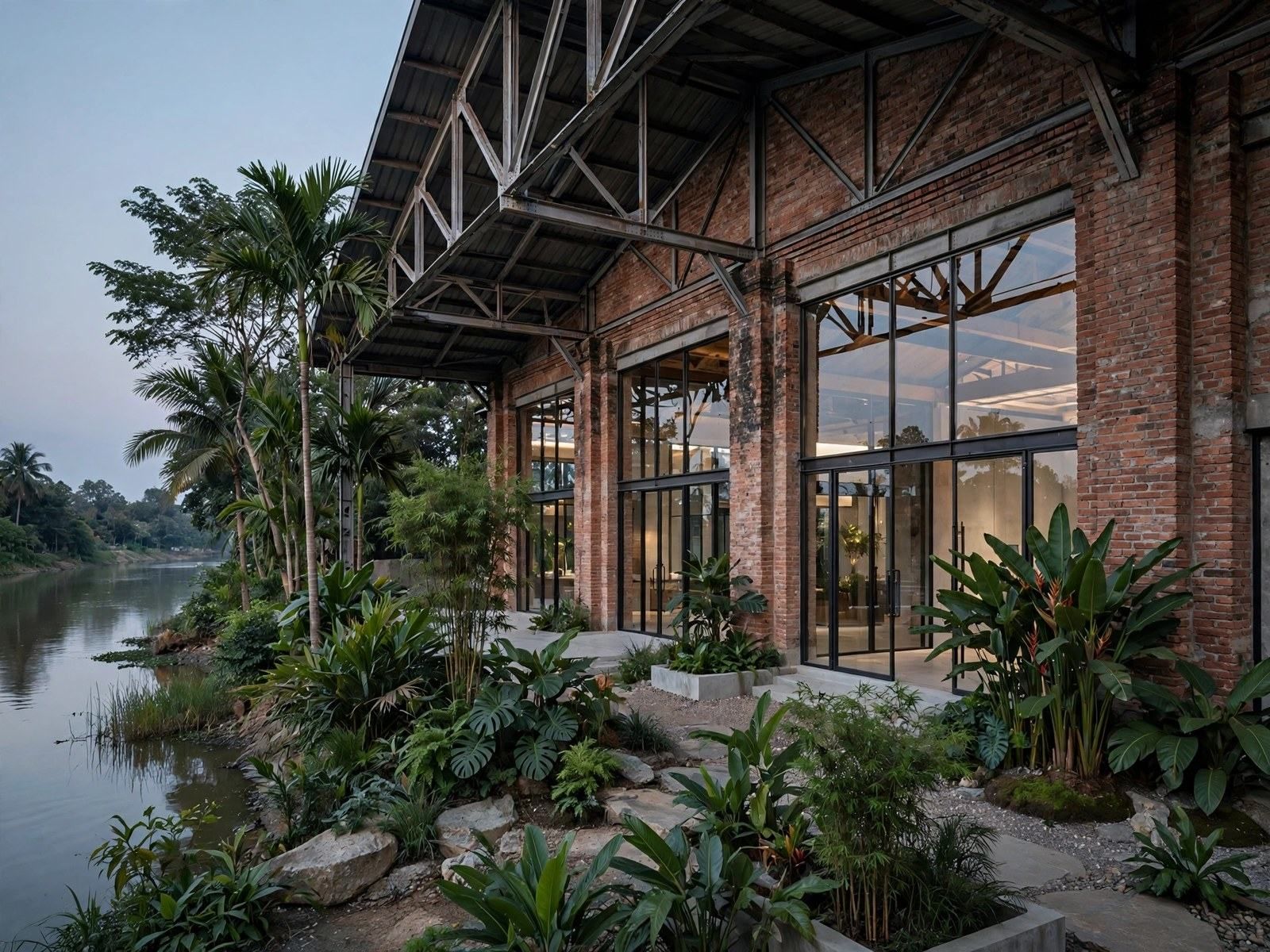 Riverside brick warehouse converted with new glazing and tropical planting