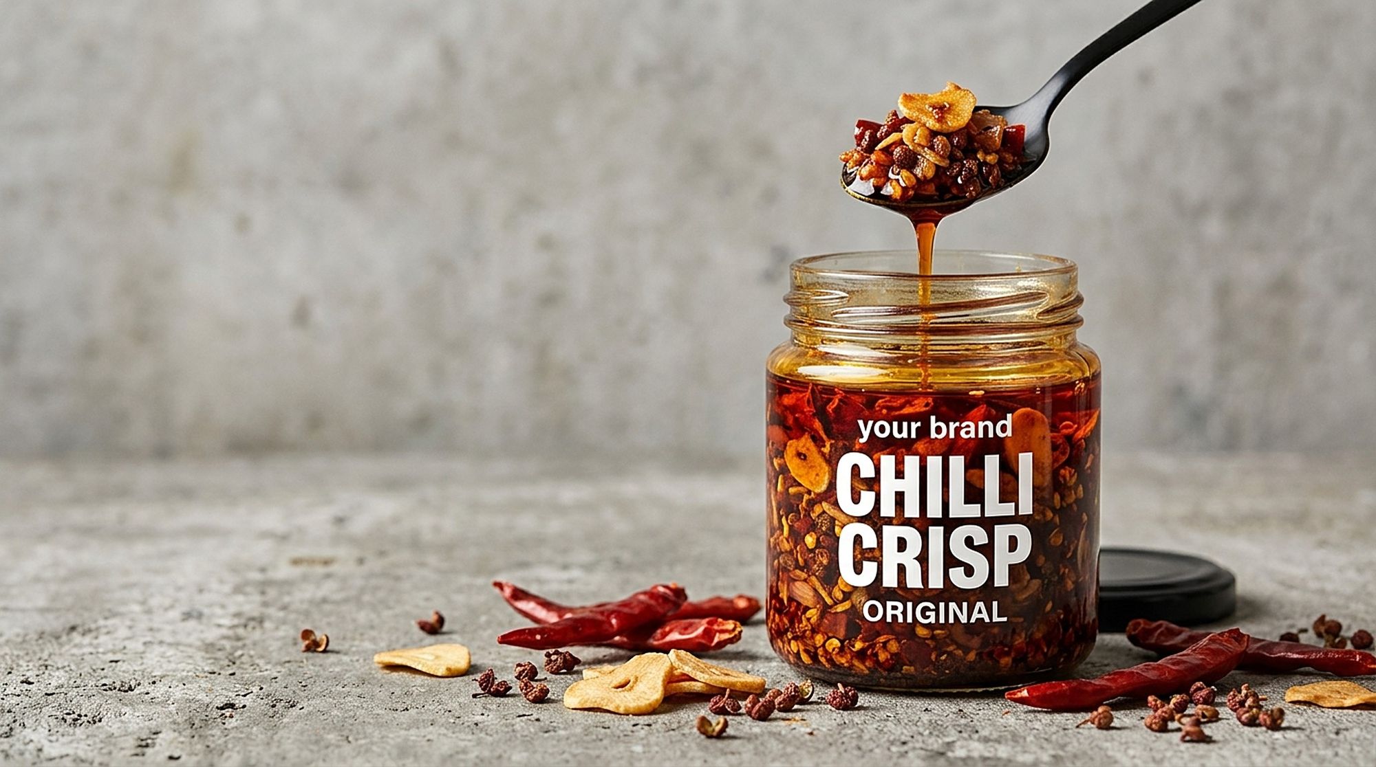 An own-label jar of Thai chilli crisp in oil with a spoonful lifted above it