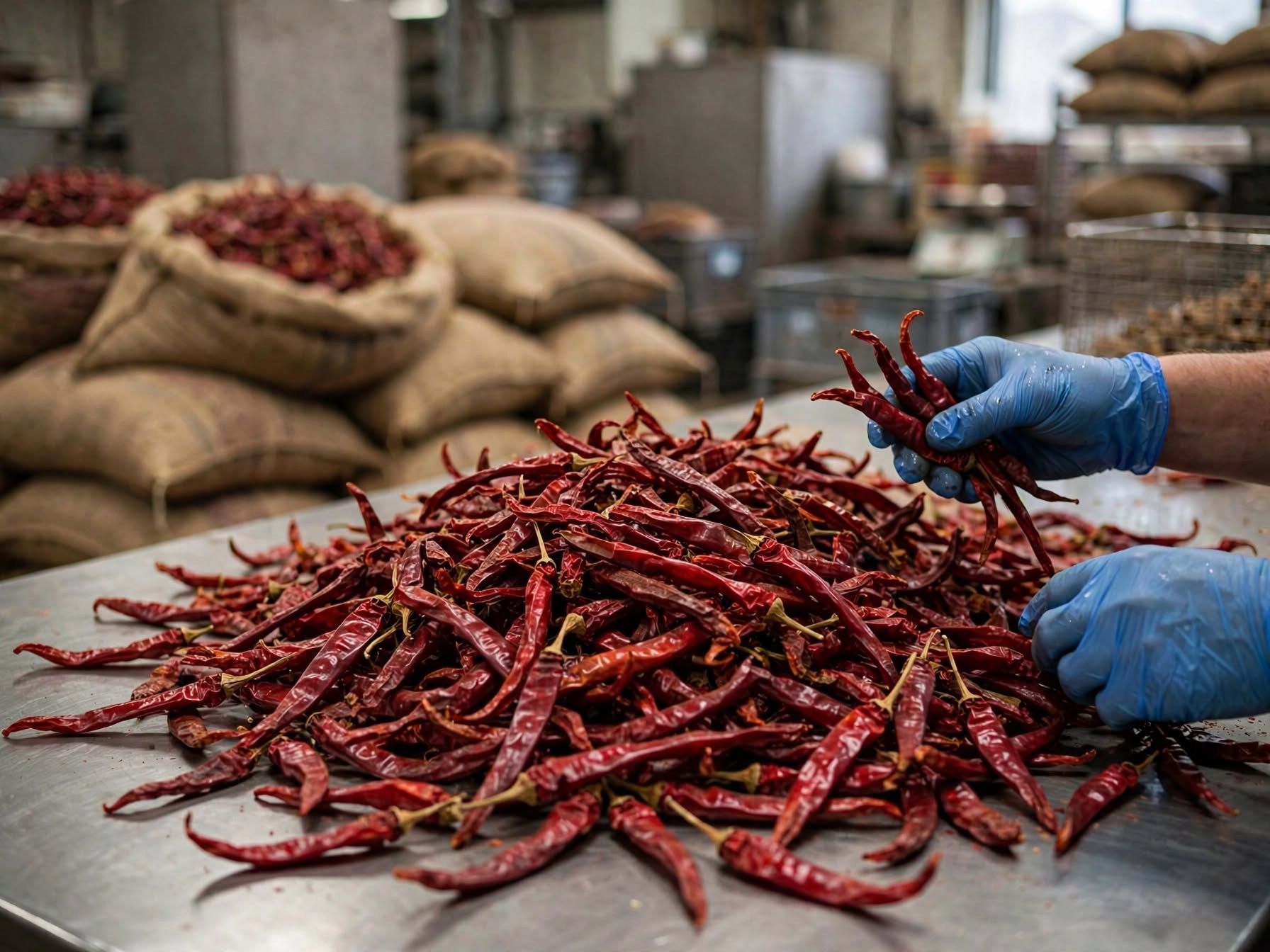Dried red chillies being sorted on a steel table