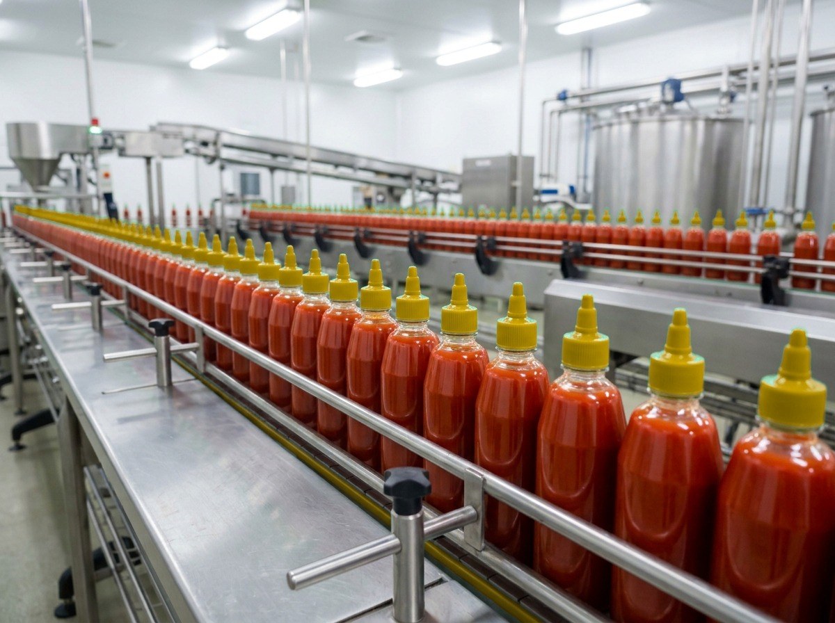 Squeeze bottles of chilli sauce on a filling line