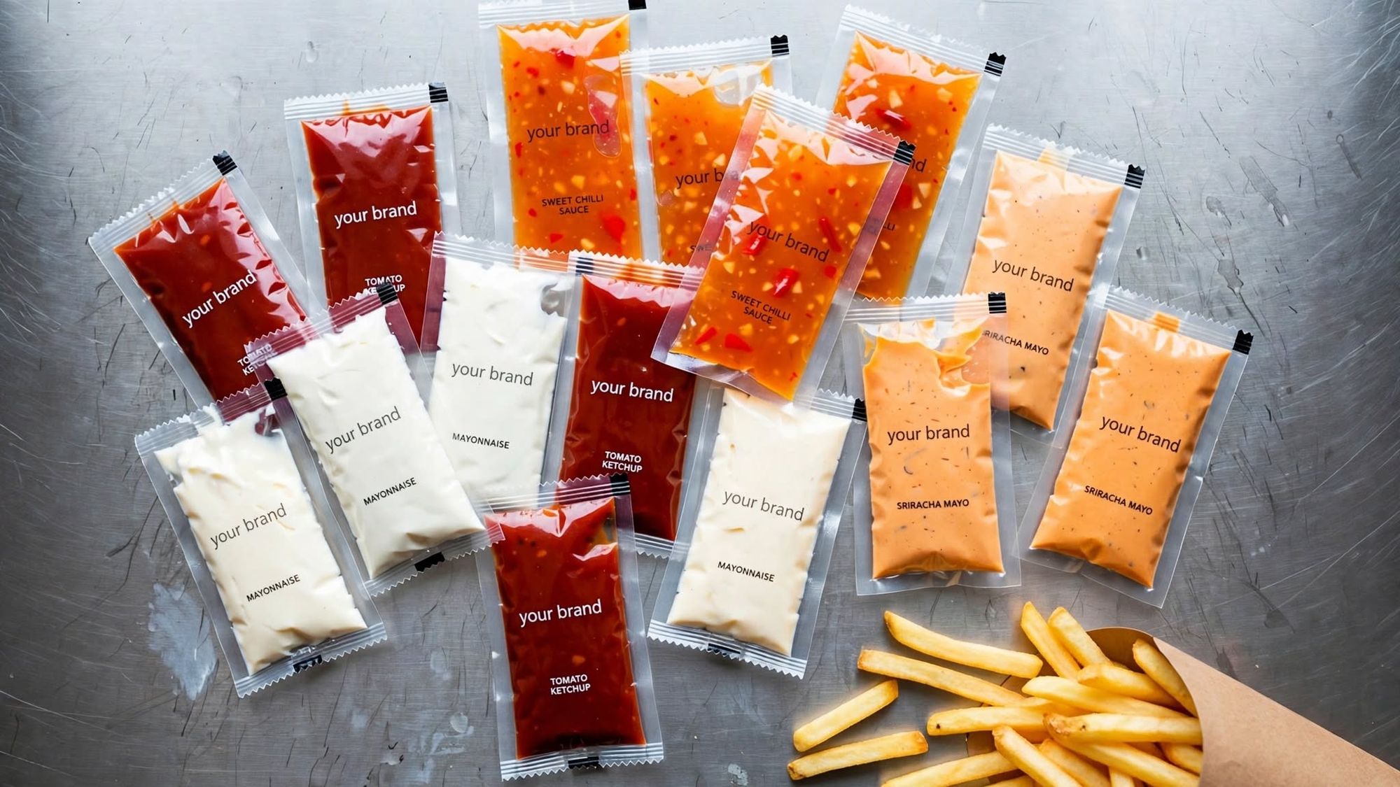 Opened sachets of ketchup, sweet chilli sauce, mayonnaise and sriracha mayo on stainless steel, with fries