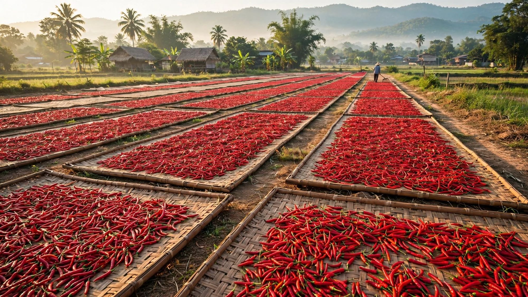 Red chillies drying on bamboo mats