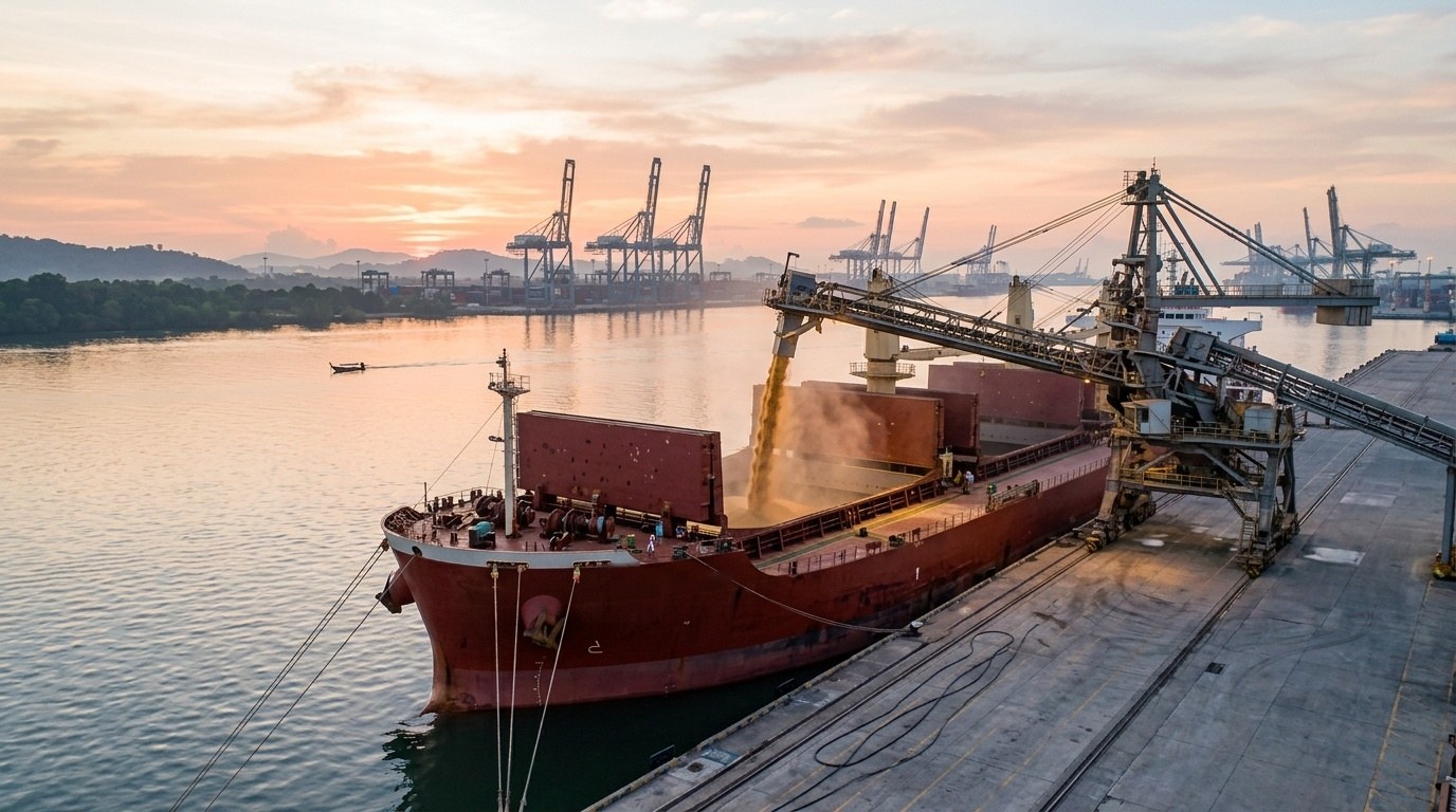 Bulk carrier loading grain at a port at sunrise
