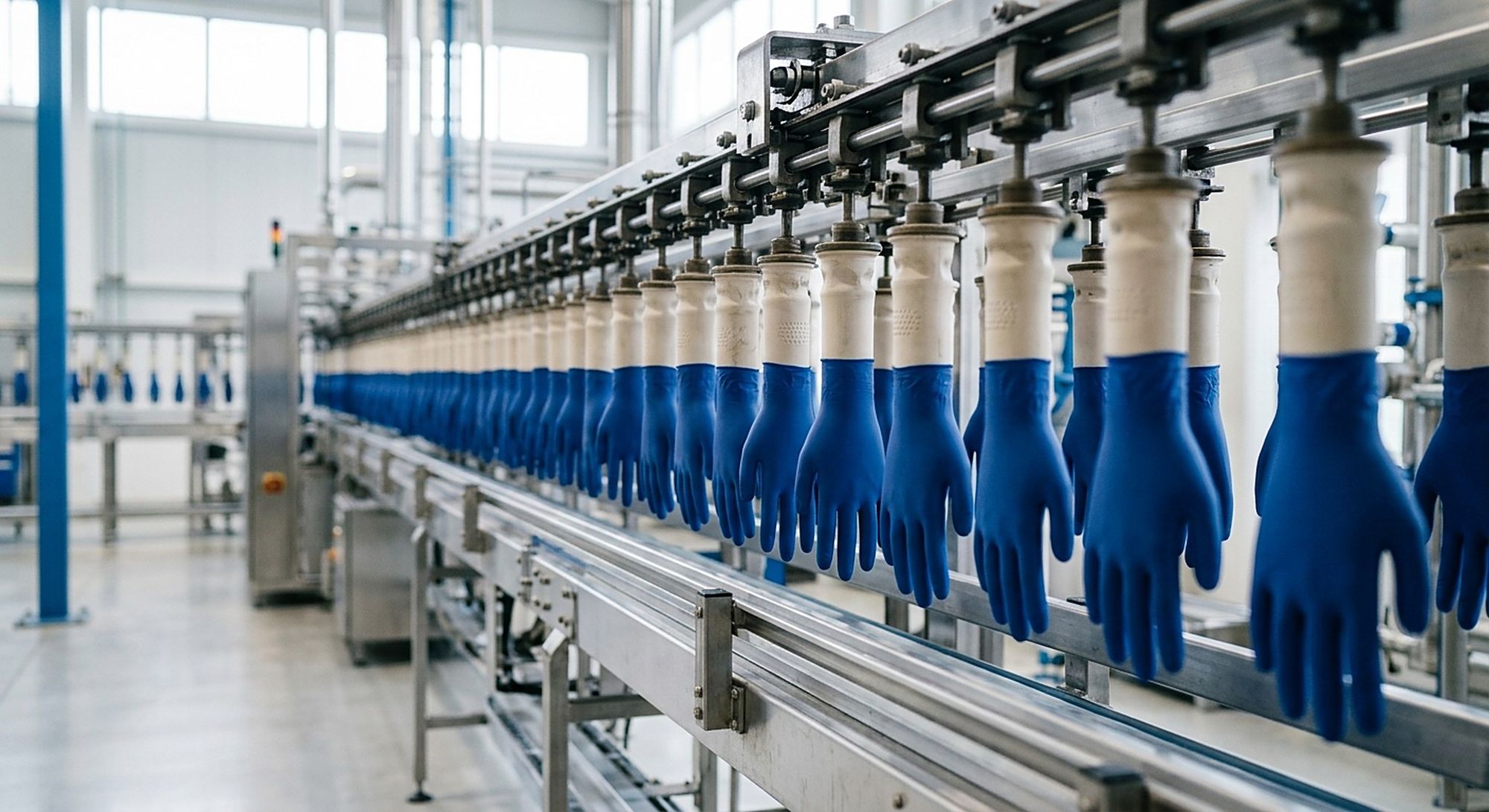 Blue nitrile gloves on ceramic hand formers moving along a glove dipping line