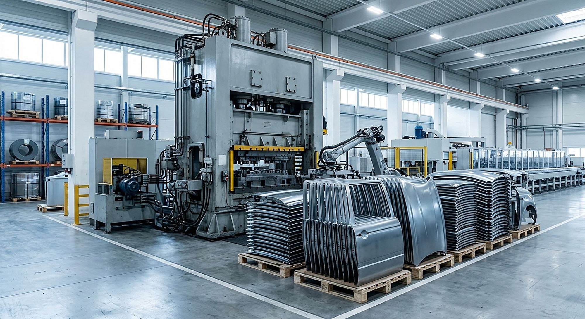 Stacks of pressed steel car door and body panels beside a stamping press