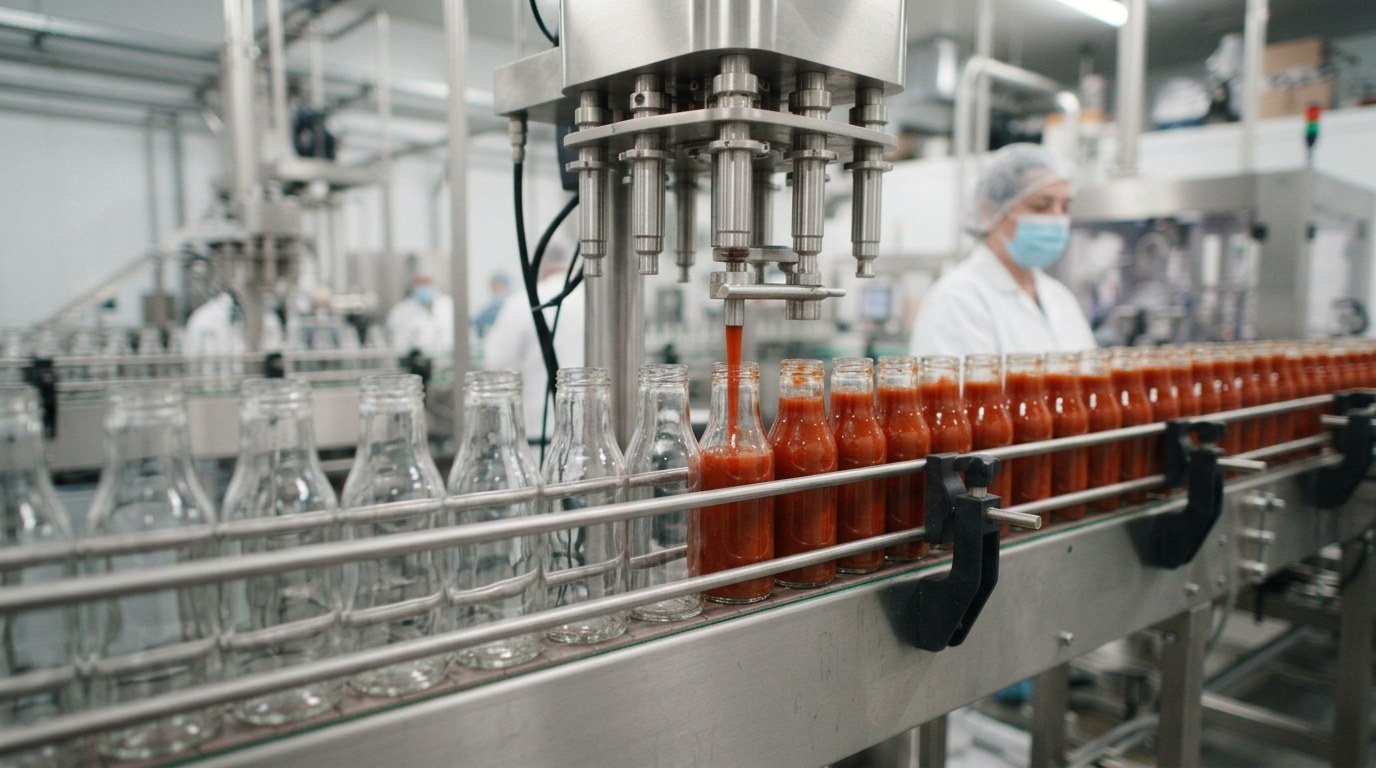 Chilli sauce being filled into glass bottles on a production line