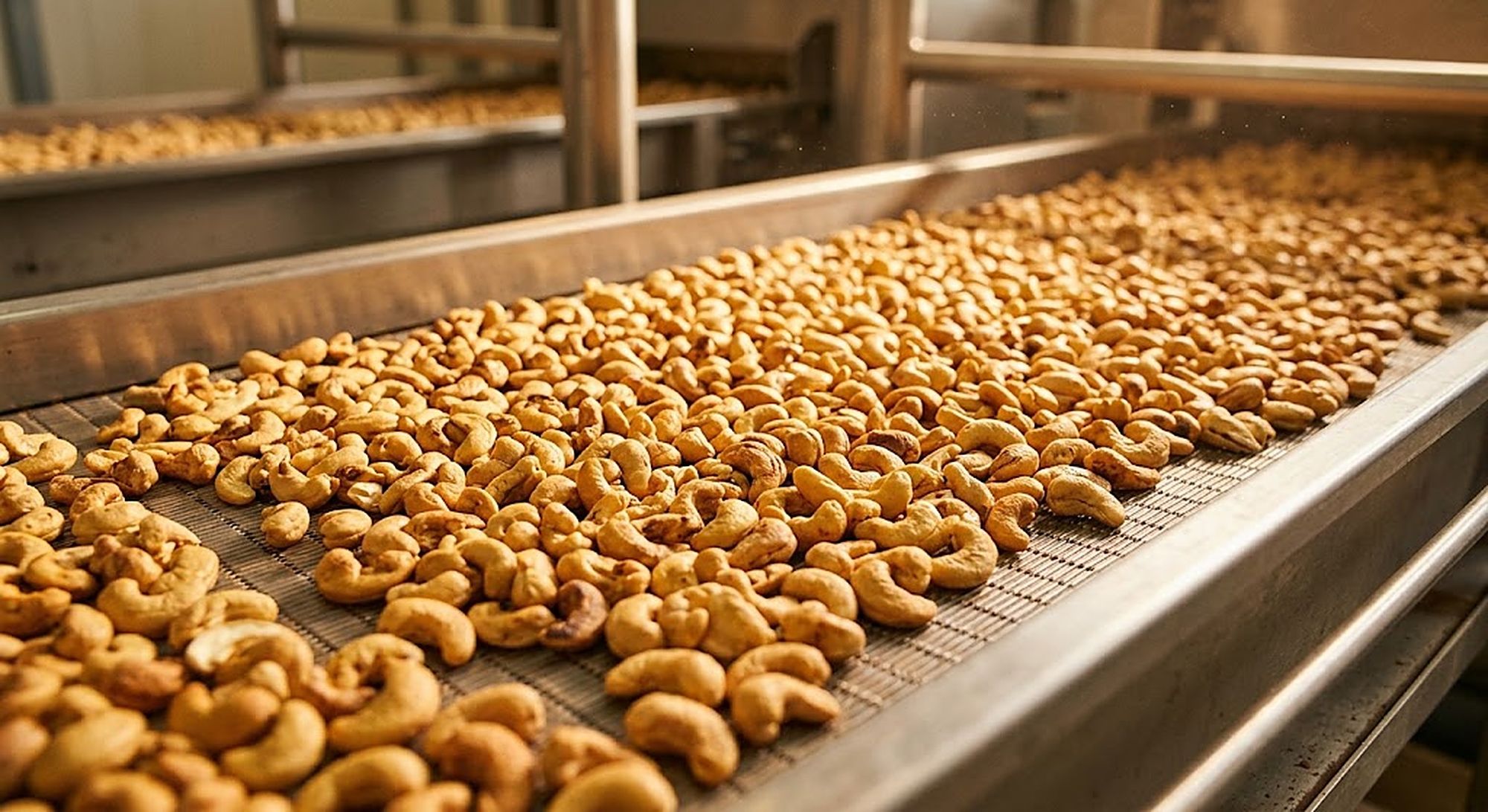 Roasted cashews on a stainless steel roasting belt