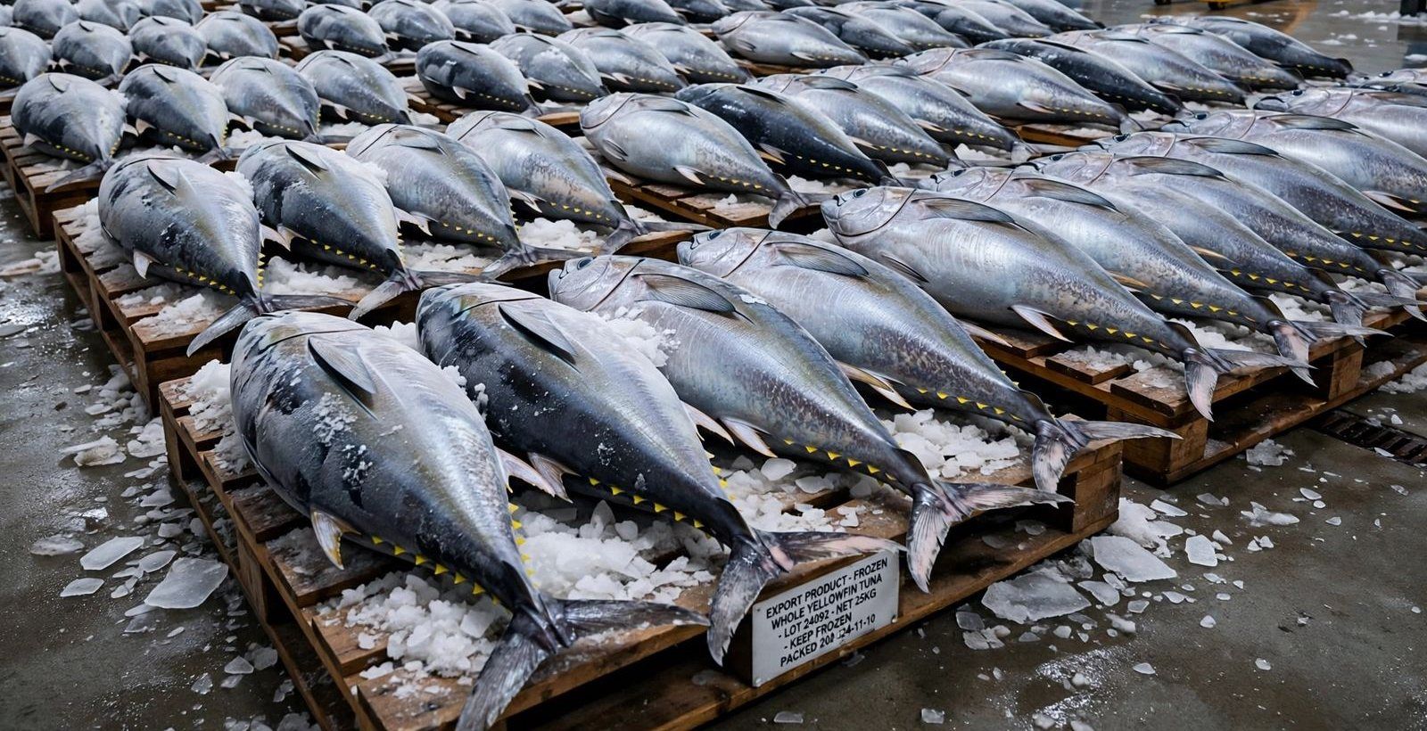 Whole frozen tuna on pallets in a cold store
