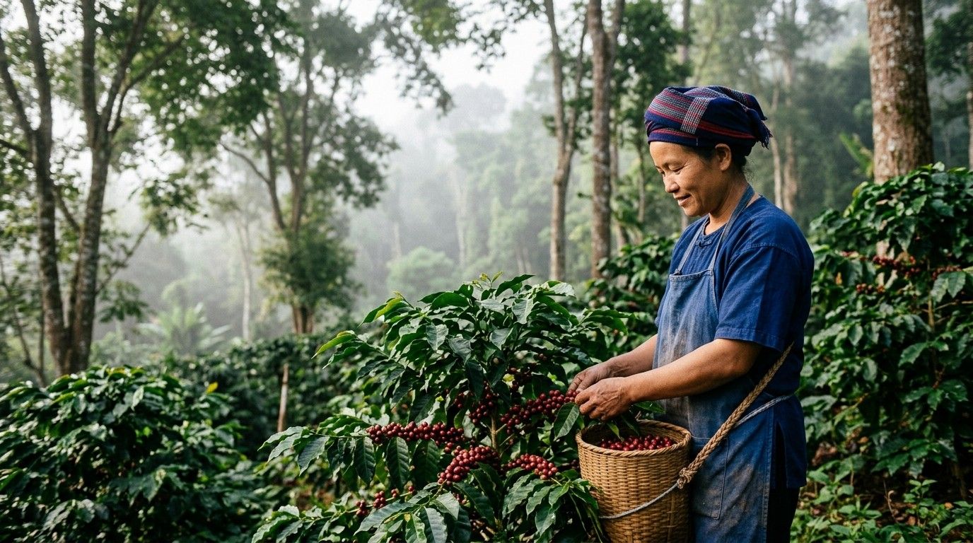 A highland coffee farmer picking ripe red cherries into a woven basket in a misty shade-grown coffee garden