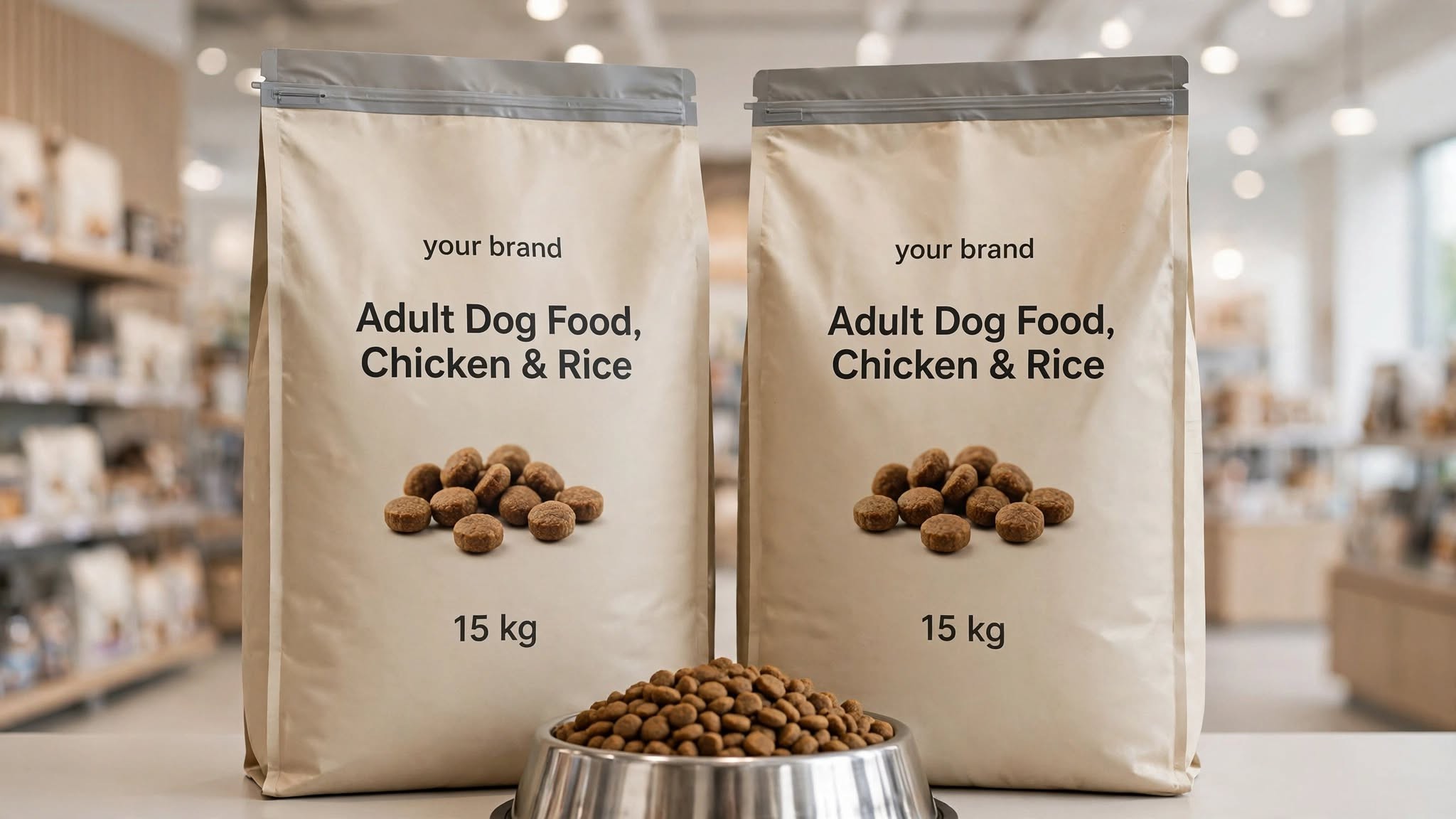 Two own-label 15 kg bags of adult dog food with a steel bowl of kibble in a pet store