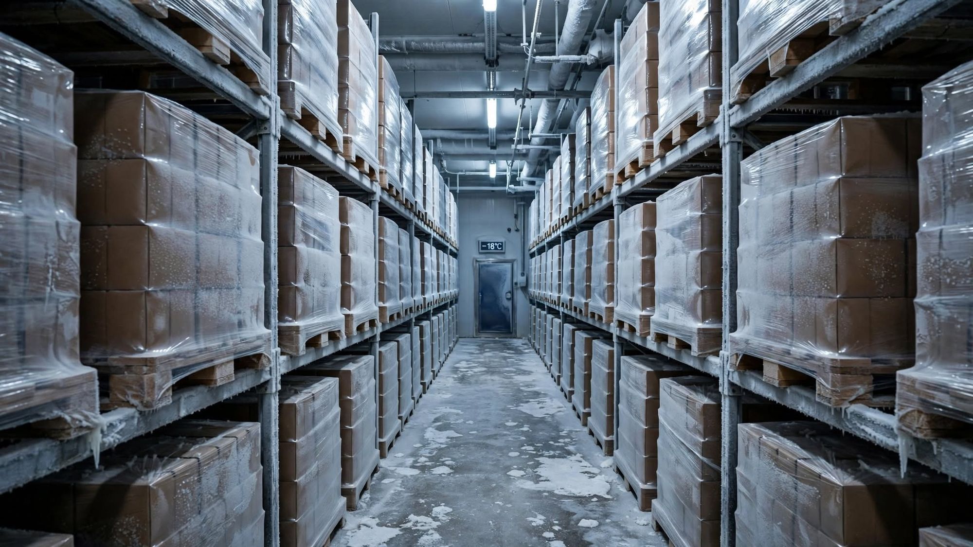 Pallets of frozen export cartons in a cold store