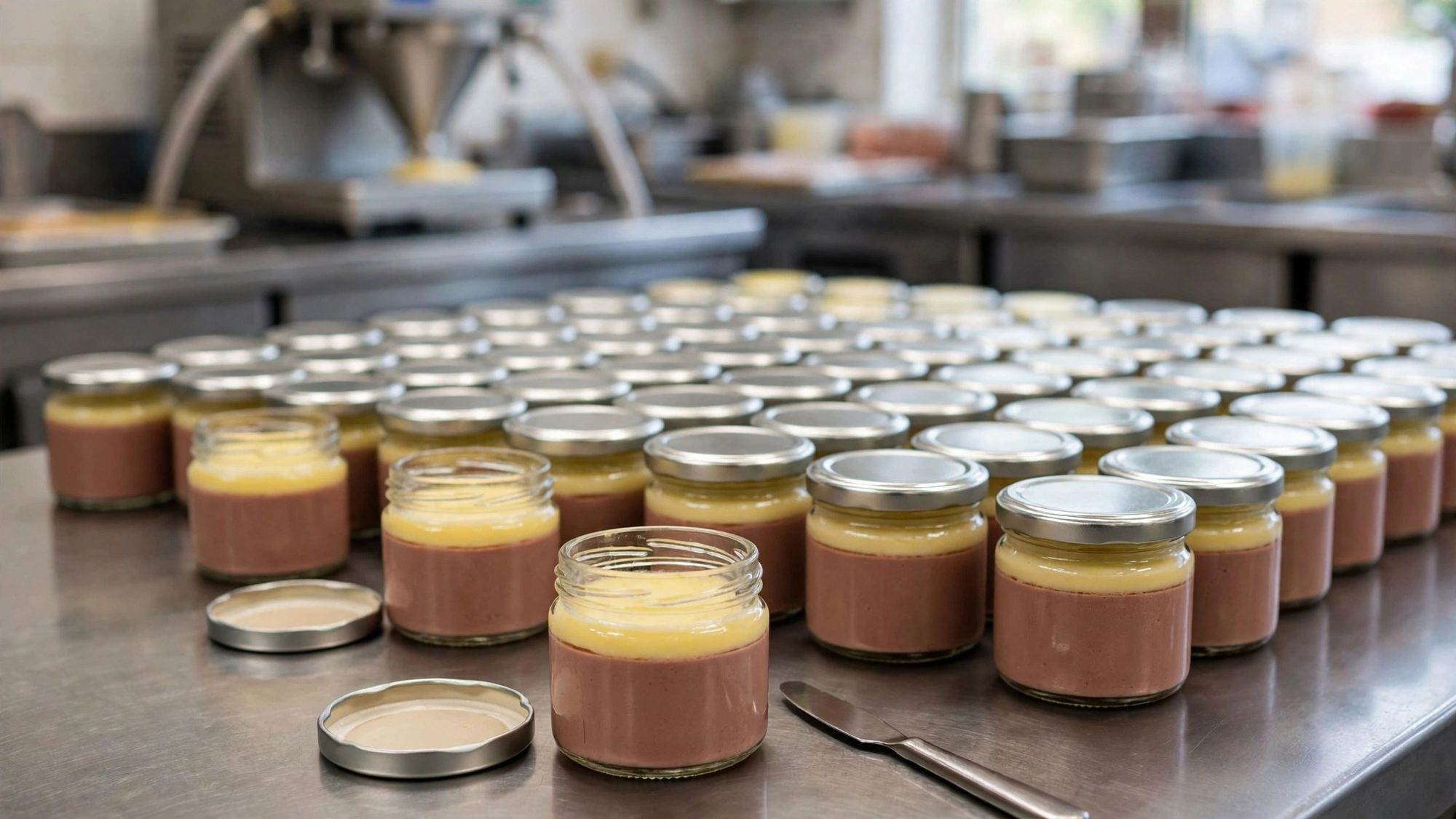 Small glass jars of chicken liver mousse sealed with clarified butter on a stainless steel table