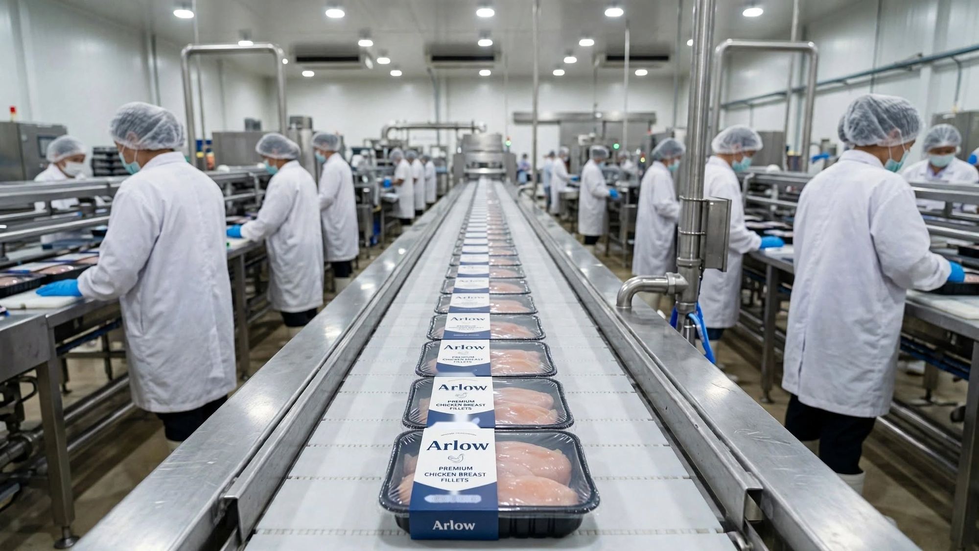 Sleeved retail trays of chicken breast fillets on a packing line