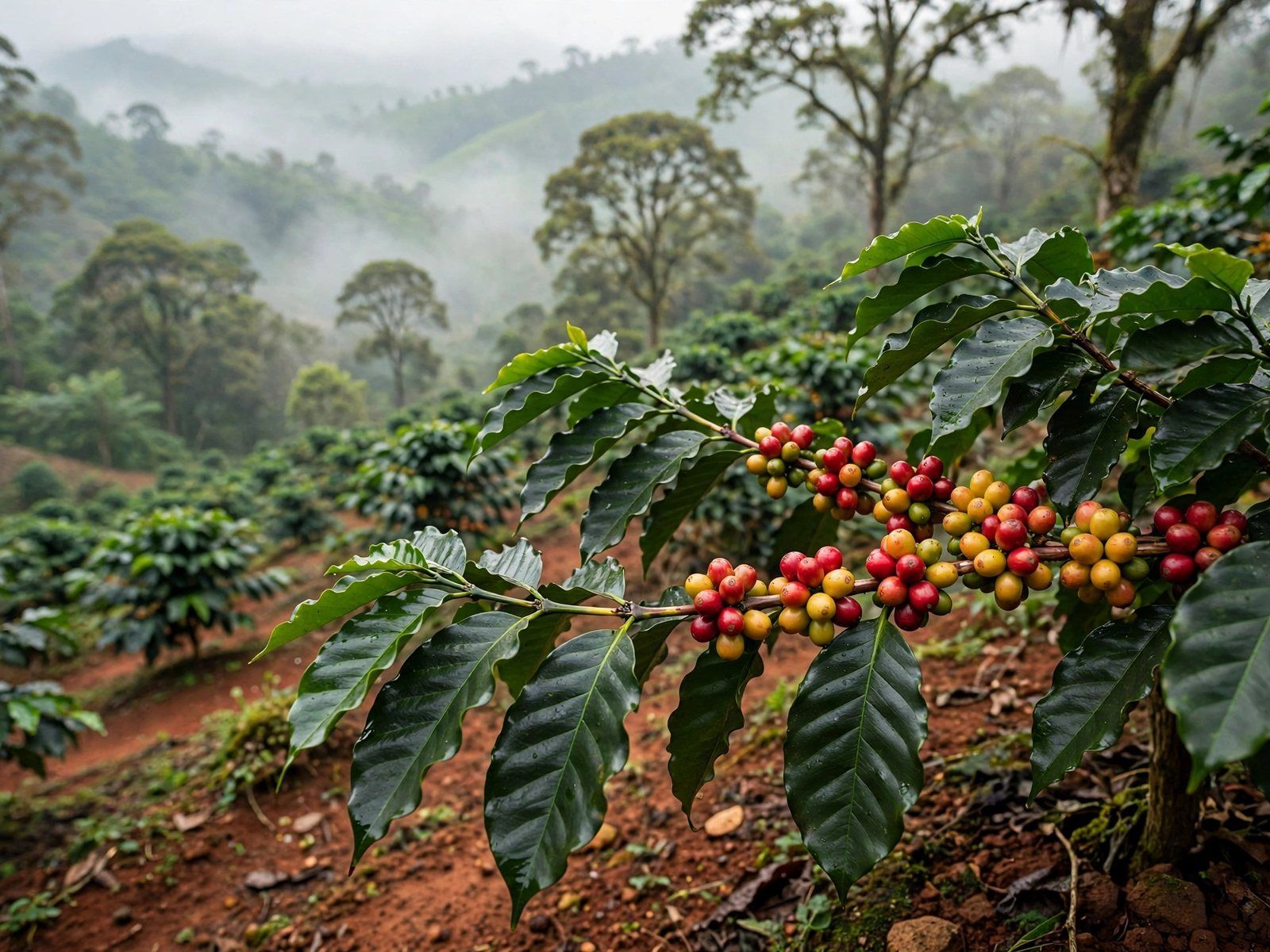 Ripe Arabica coffee cherries on shade-grown coffee trees in the highlands