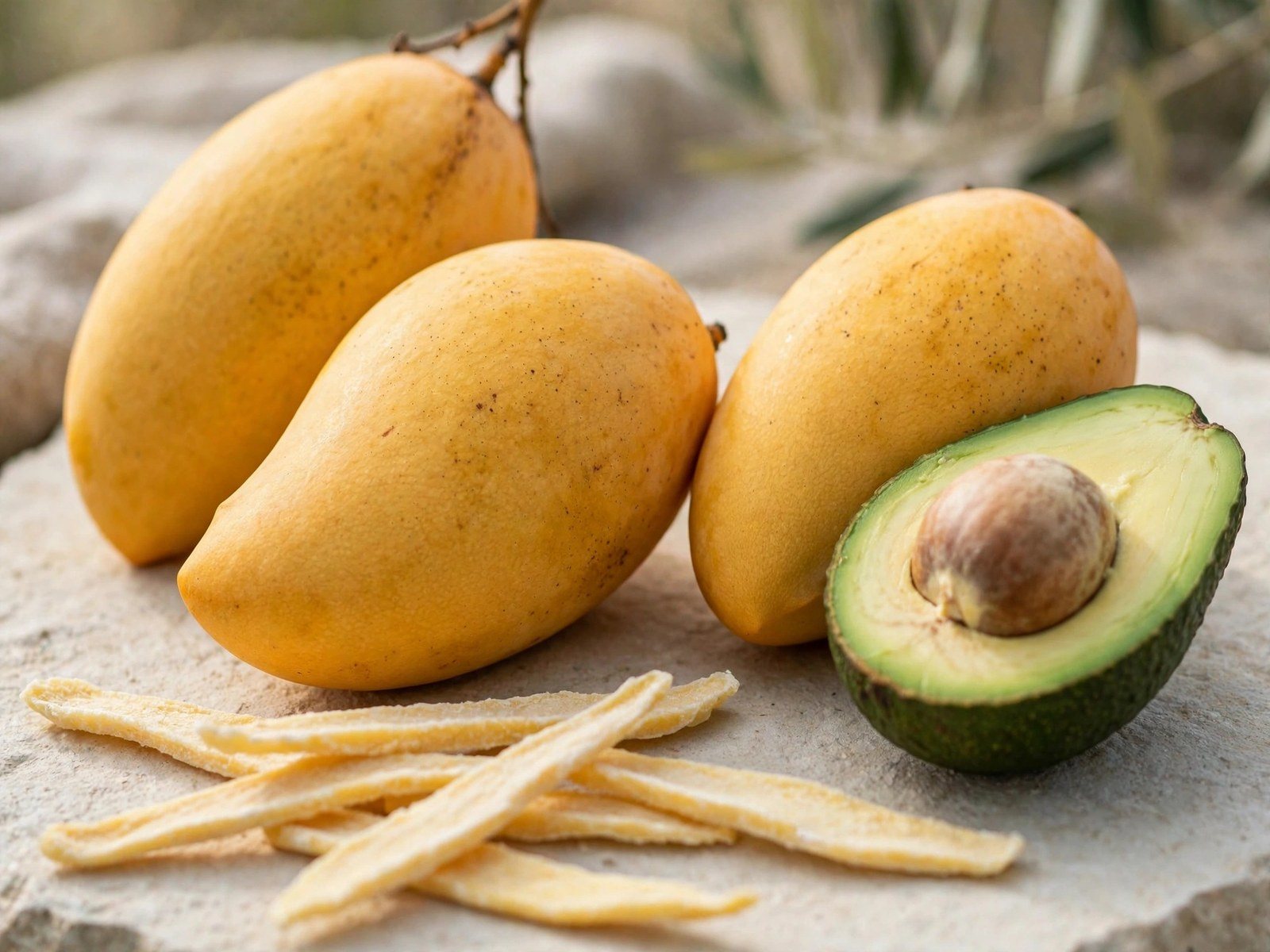 Golden mangoes, a halved avocado and dried mango