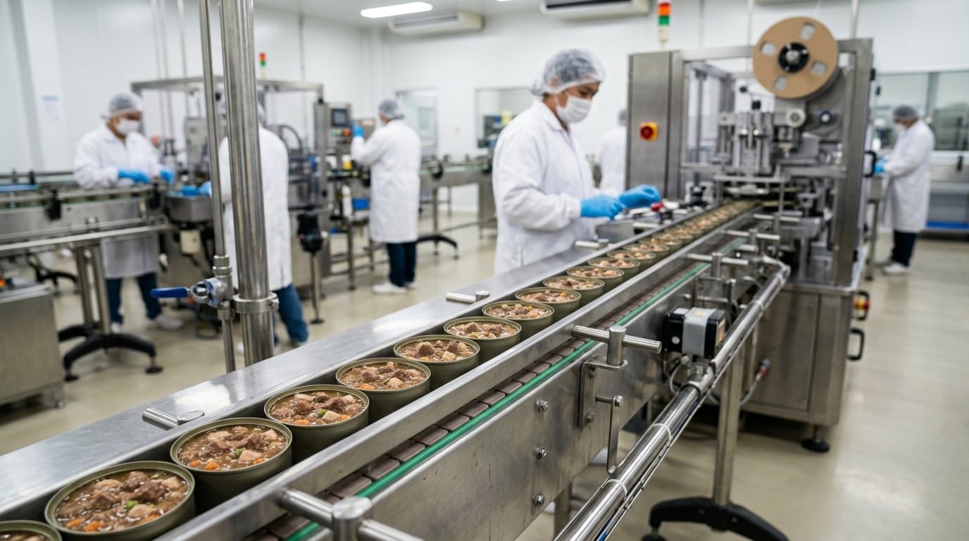 Cans of dog food moving along a canning line