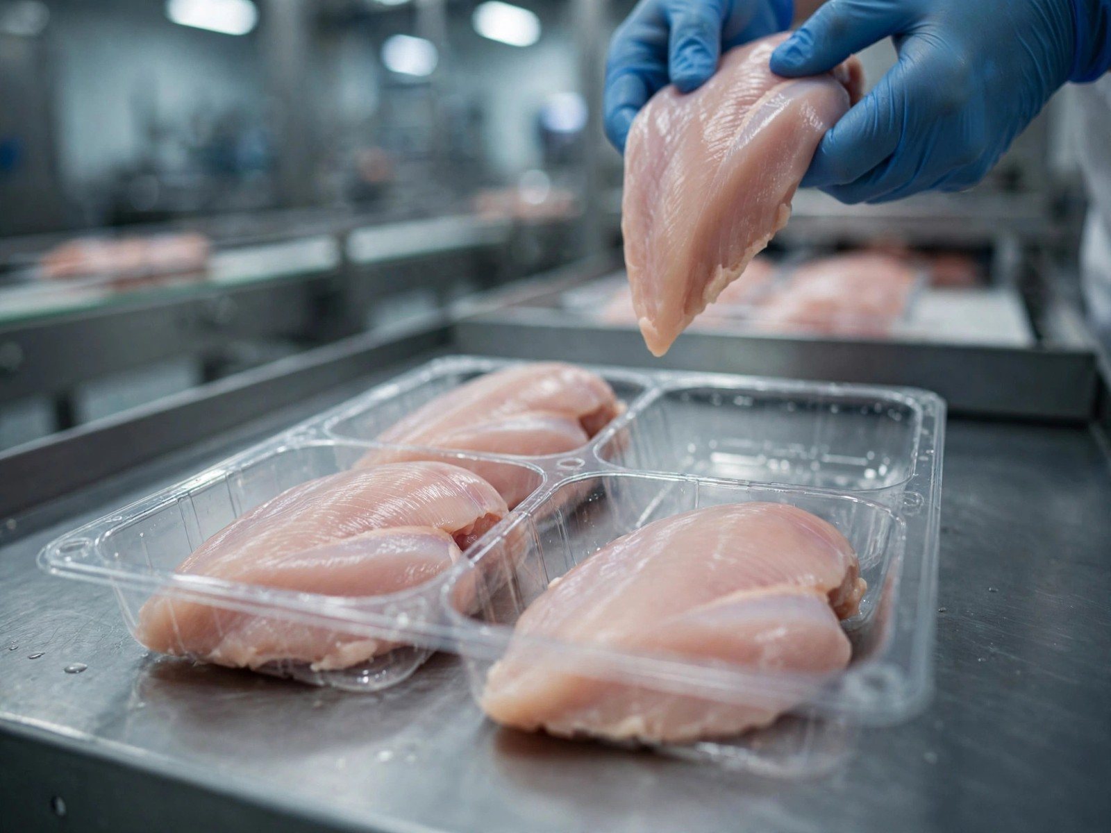 Fresh chicken breast fillets being packed into retail trays