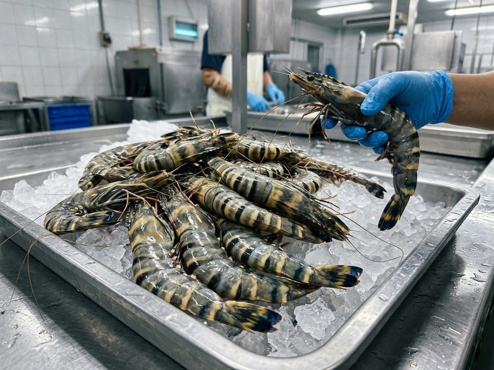 Raw black tiger prawns on ice in a processing plant
