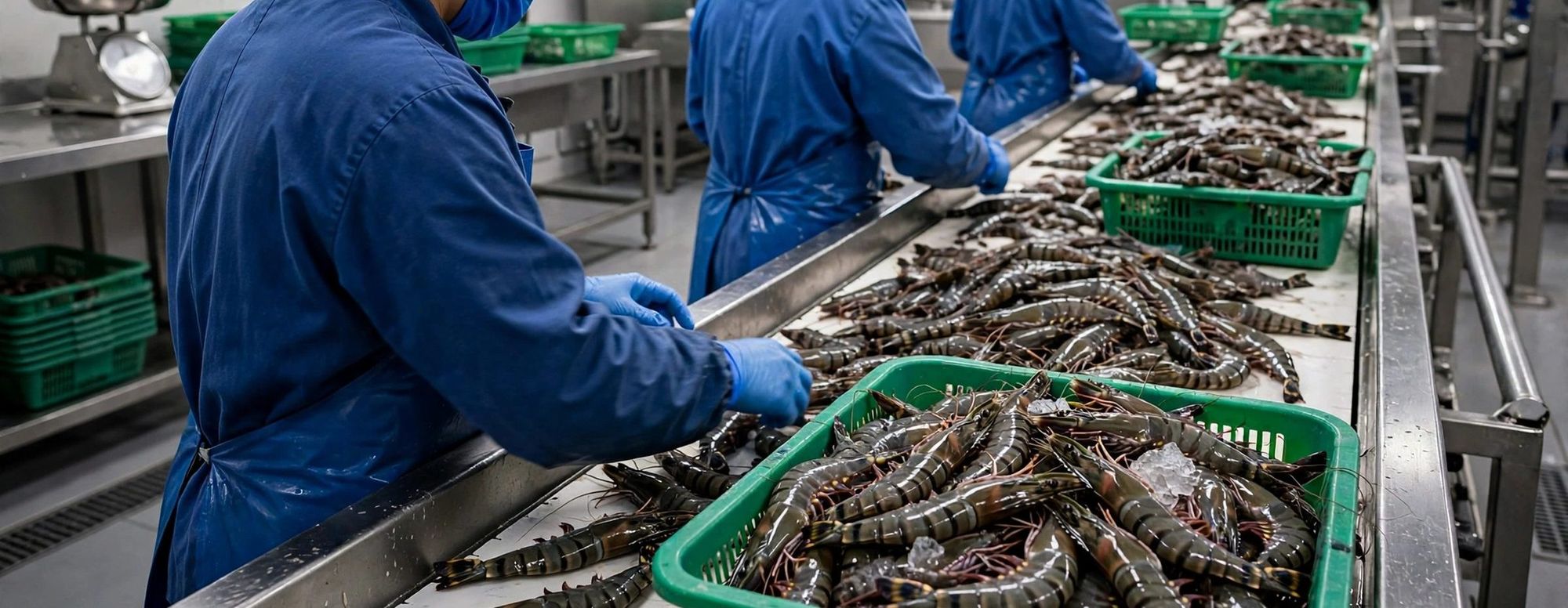 Food processing line with workers in protective clothing