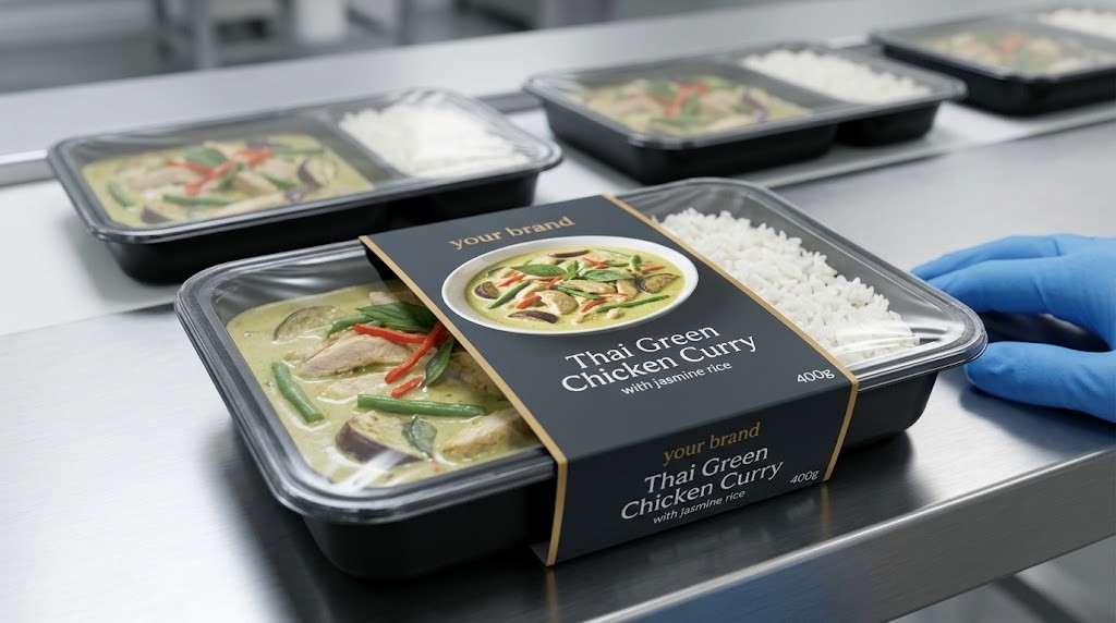 Own-label Thai green chicken curry with jasmine rice in sealed trays with a printed sleeve, on a stainless steel packing line