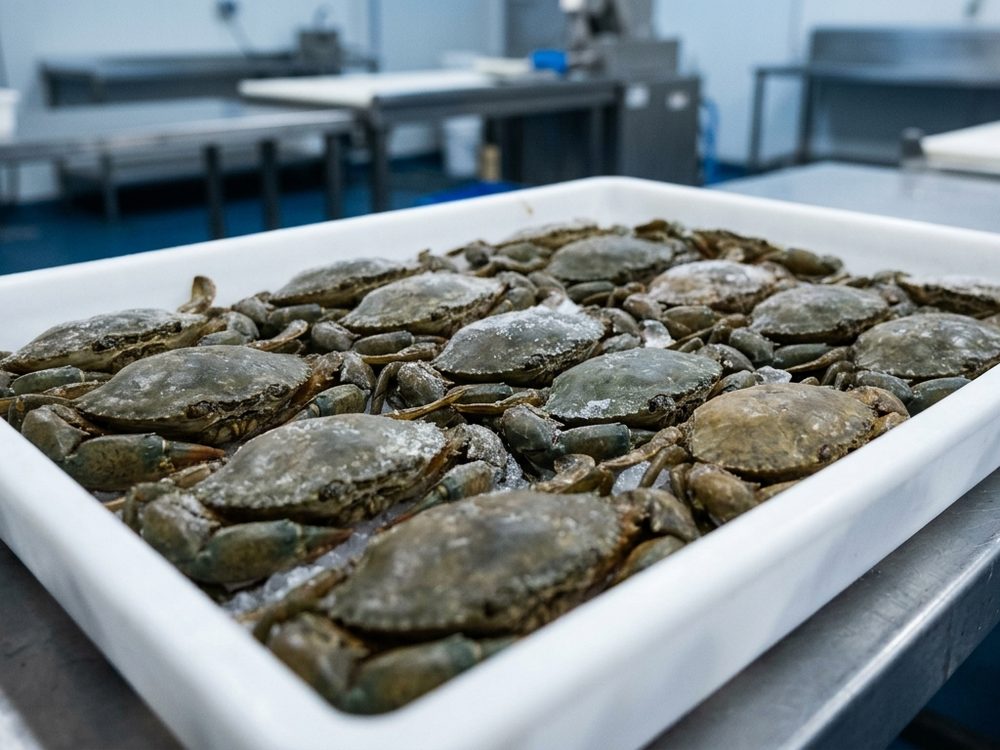 Frozen soft-shell mud crabs in a tray