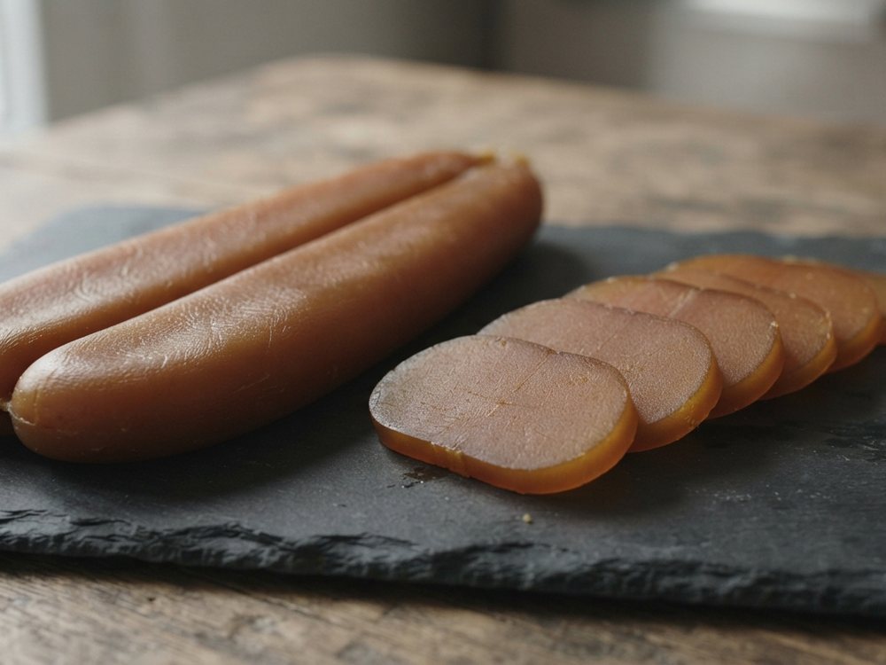 Whole and sliced mullet bottarga on a slate board