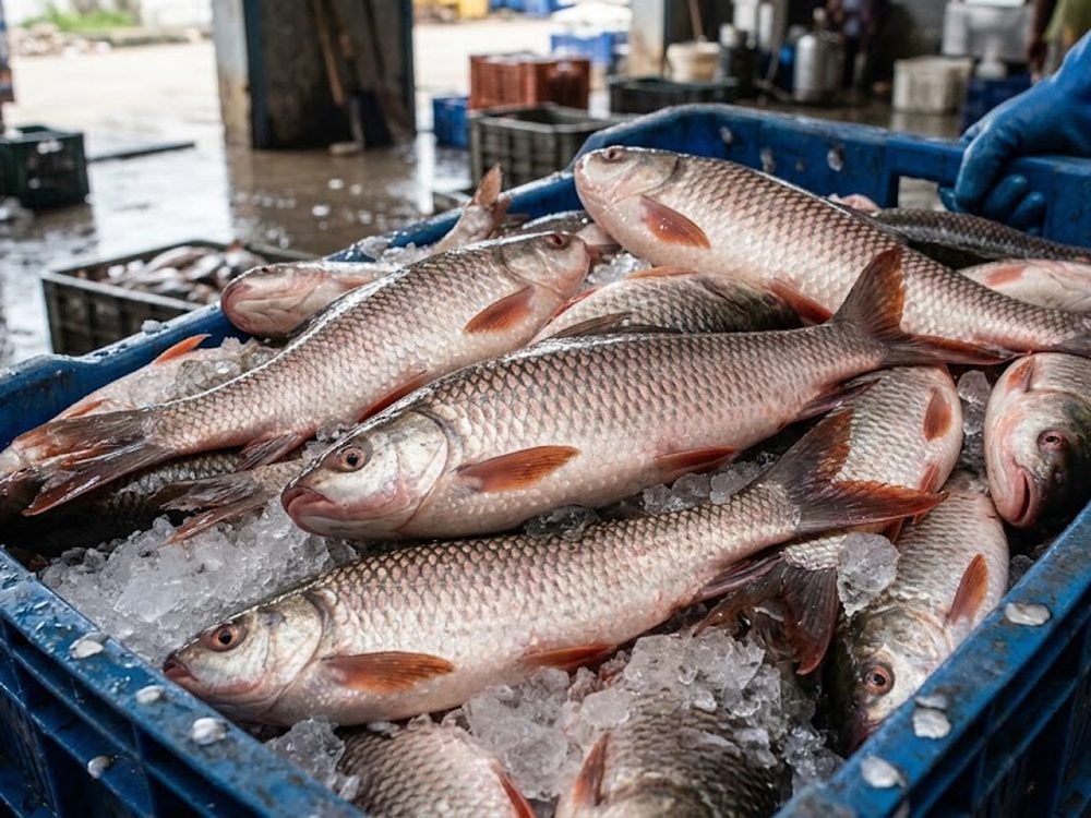 Fresh rohu on ice in a fish crate