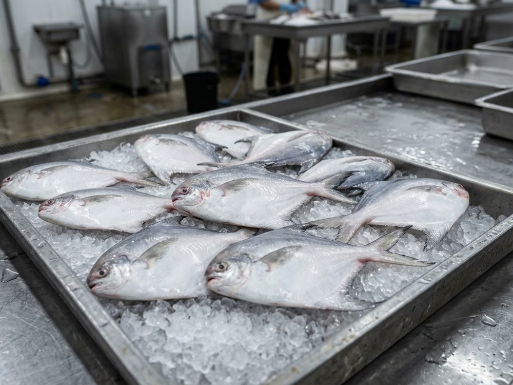 Silver pomfret on ice in a steel tray