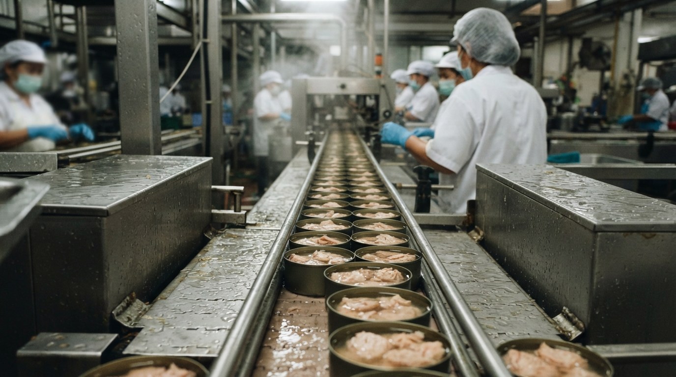 Open cans of tuna moving along a canning line