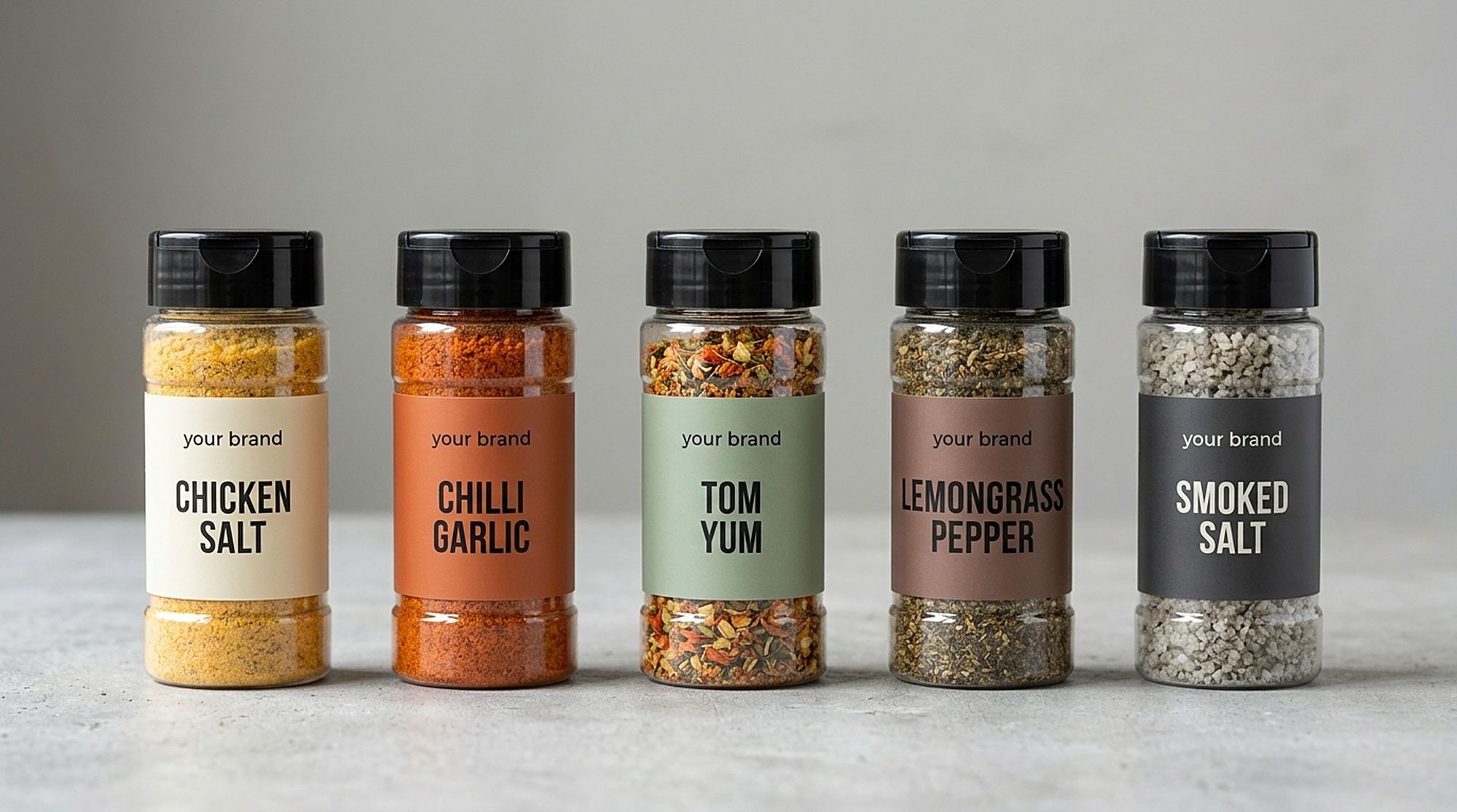 Five own-label seasoning shakers: chicken salt, chilli garlic, tom yum, lemongrass pepper and smoked salt