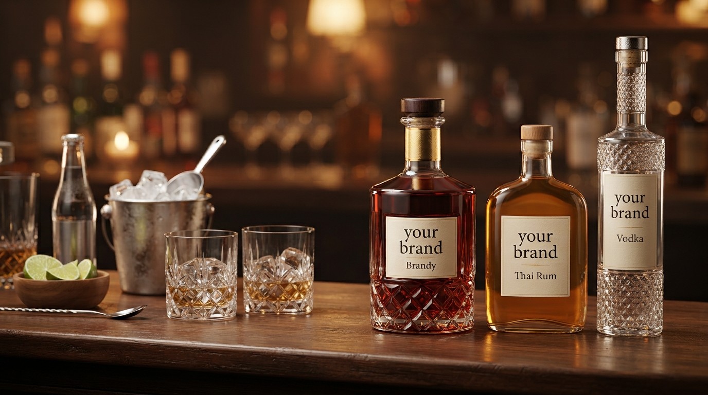 Own-label brandy, Thai rum and vodka bottles on a bar top with crystal tumblers and an ice bucket