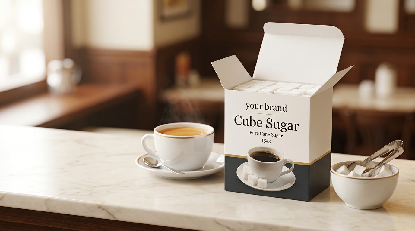 An open own-label box of cube sugar beside a cup of coffee and a bowl of cubes with tongs on a marble cafe counter