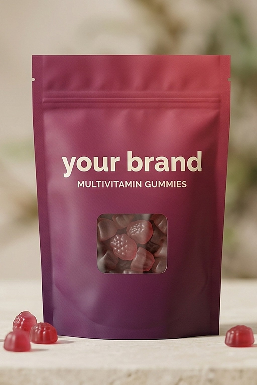 An own-label stand-up pouch of multivitamin gummies with gummies in front