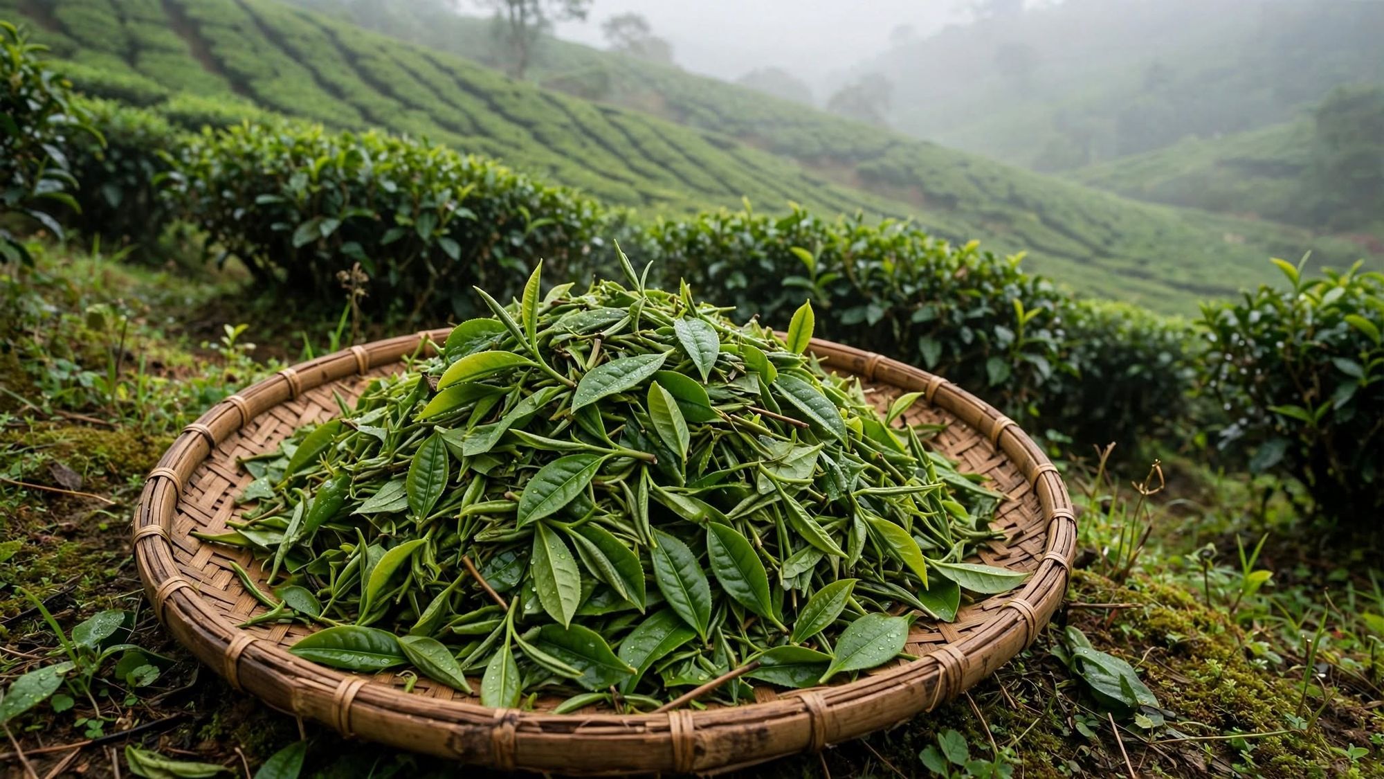 Freshly picked tea leaves on a bamboo tray in a misty hillside tea garden